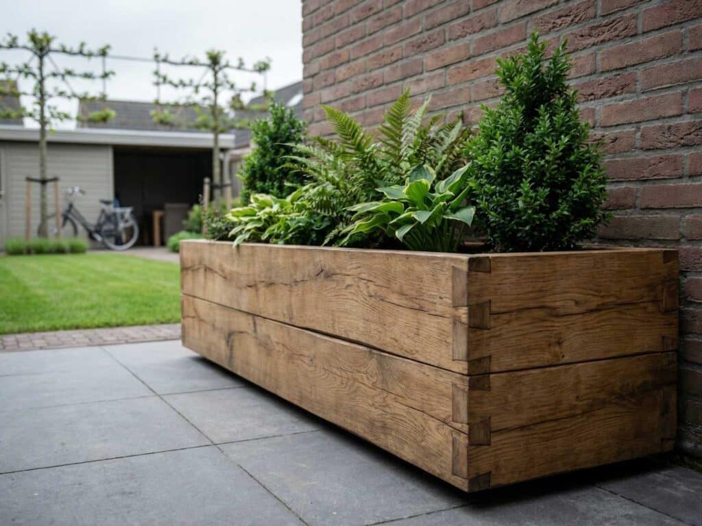 Robuuste houten plantenbak tegen gevel