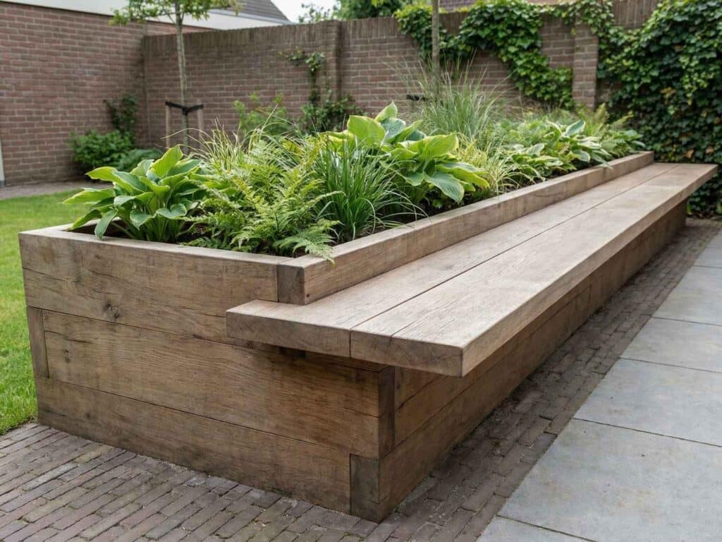 Langwerpige houten plantenbak met geïntegreerde zitrand
